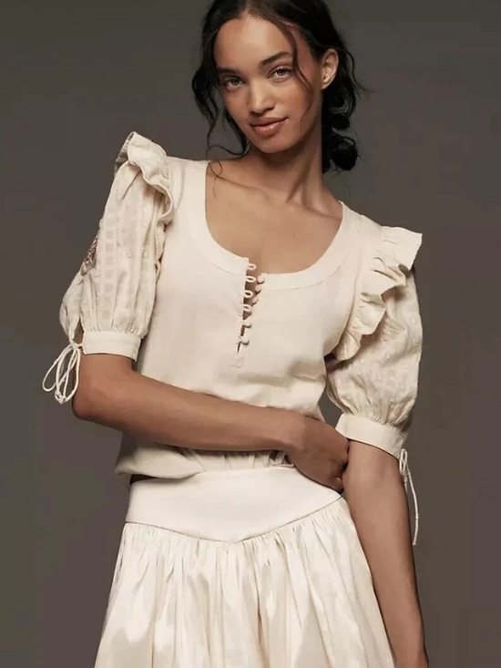 Anthropologie Tops - Anthropologie Cream Ruffle Sleeve Top